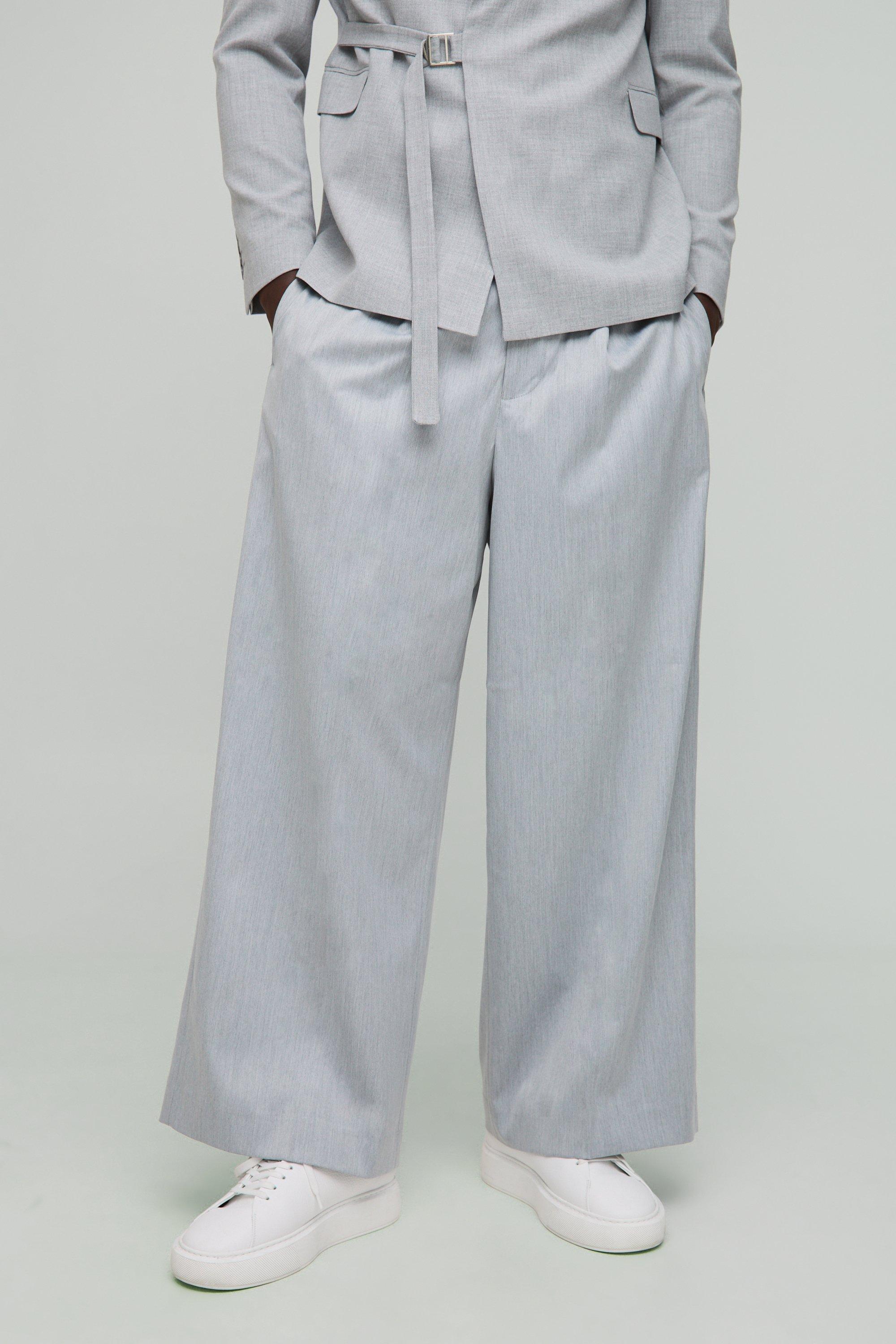 Mens Grey Wide Leg Pleat Front Tailored Trouser, Grey